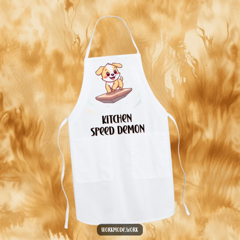 Funny puppy apron showing a playful dog energetically zooming across a digital landscape on a floating platform, kitchen wear.