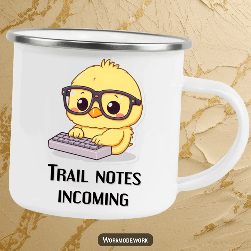 Funny fluffy yellow chick wearing oversized glasses, intensely typing on a tiny keyboard on a camping mug, perfect for productive outdoor adventures.