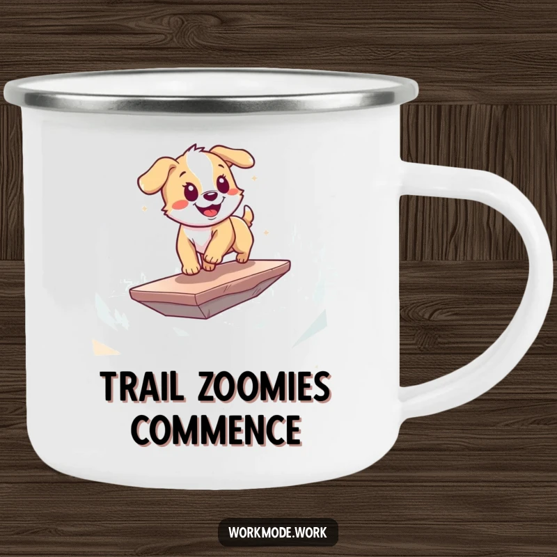 Funny puppy camping mug of a playful dog energetically zooming across a digital landscape on a floating platform, for outdoor use.