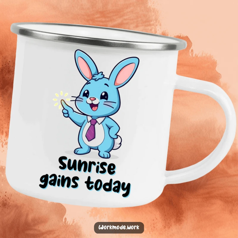 Funny blue bunny wearing a tie, enthusiastically pointing at a glowing graph on a camping mug, perfect for ambitious outdoor planning.