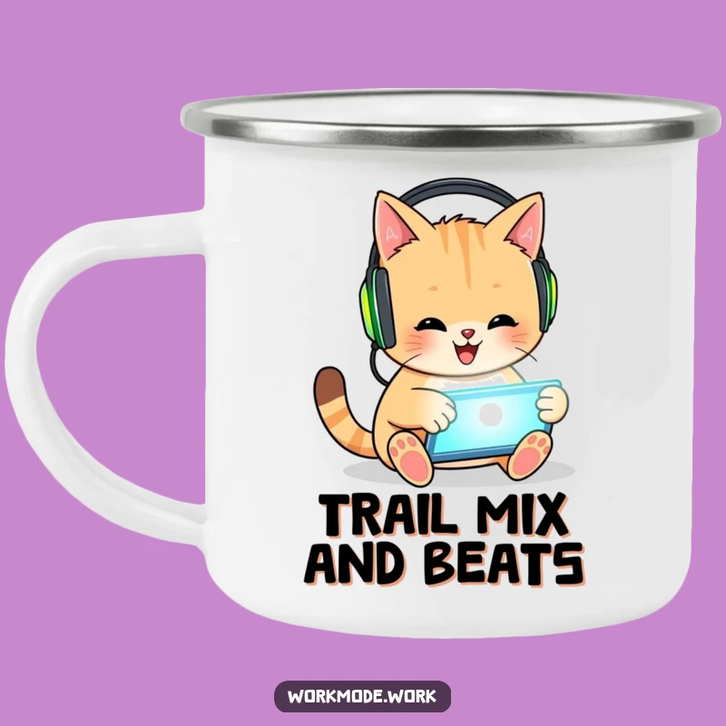 Funny Cat Camping Mug: Trailblazing Gamer Feline Tapping Tablet, Rugged Funny Gift