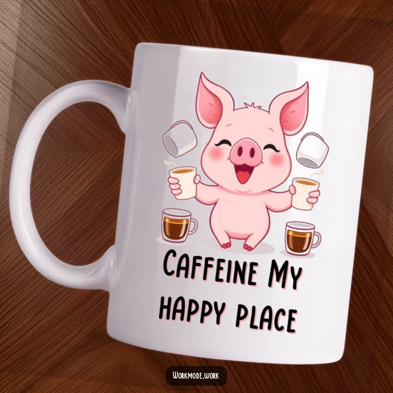 Funny pink piglet with a focused grin, juggling multiple coffee cups, depicted on a cheerful mug.