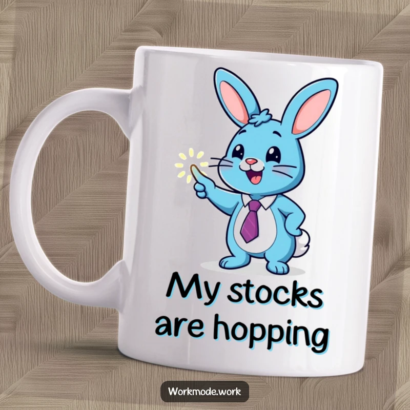 Funny blue bunny in a tie enthusiastically pointing at a glowing graph on a mug, symbolizing financial success and ambitious growth.