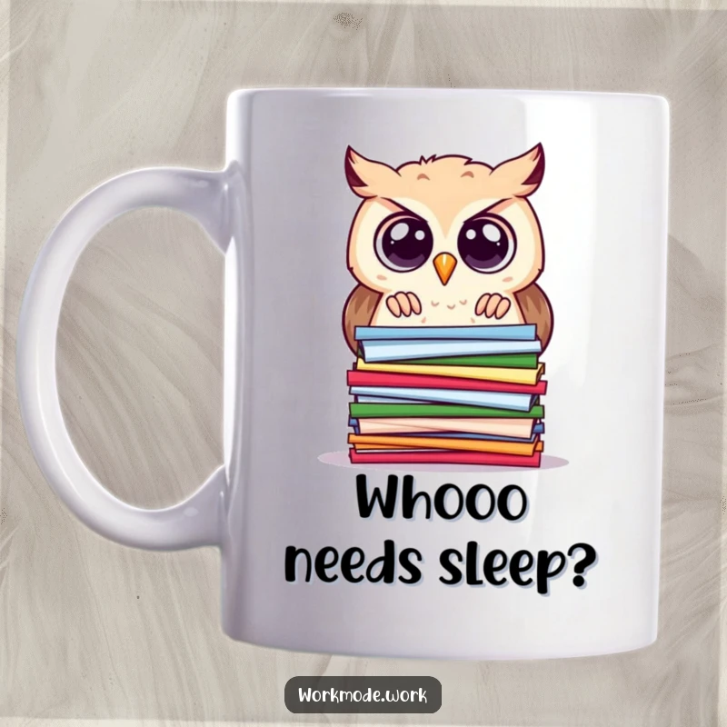 Funny owl mug with wide eyes, peering intently at a stacked pile of colorful papers, symbolizing study and curiosity.