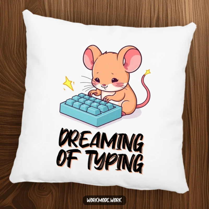 Funny Mouse Pillow: A tiny mouse furiously typing on a miniature keyboard with sparks flying, soft and humorous.