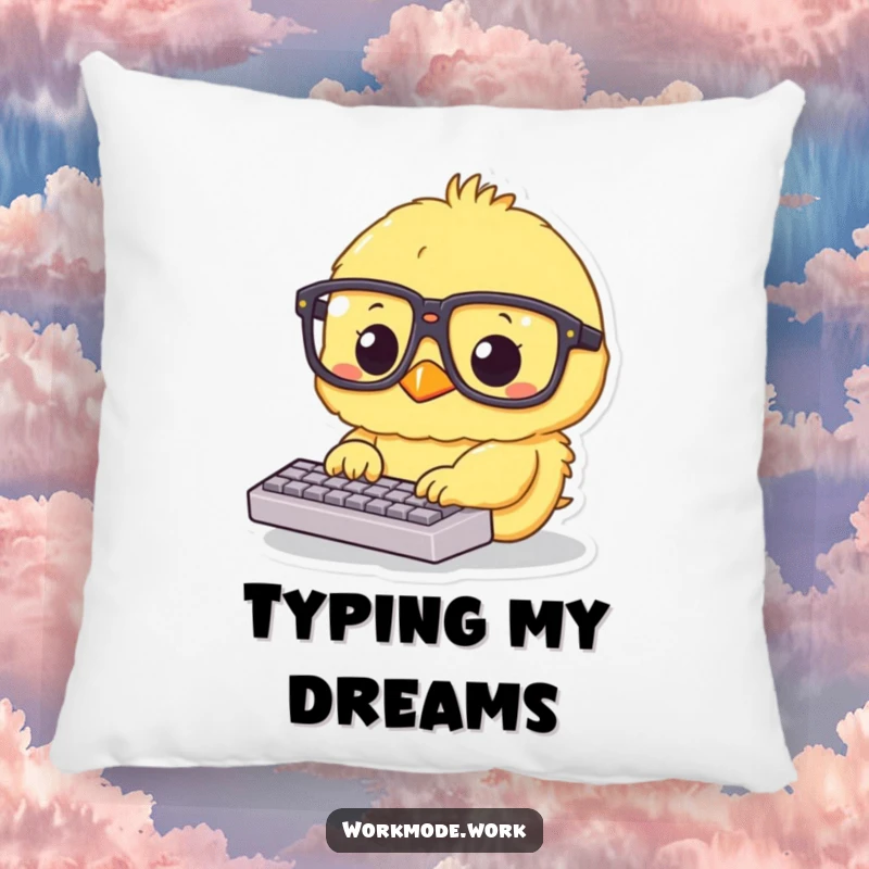 Funny yellow chick in big glasses typing on a tiny keyboard on a soft pillow, bringing cute and focused humor.