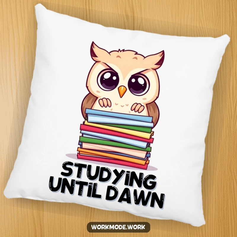 Funny owl pillow with a curious owl and wide eyes, peering intently at a stacked pile of colorful papers, for comfort.