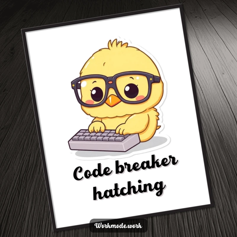 Funny fluffy yellow chick wearing oversized glasses, intensely typing on a tiny keyboard, rendered as a digital art print for motivating decor.