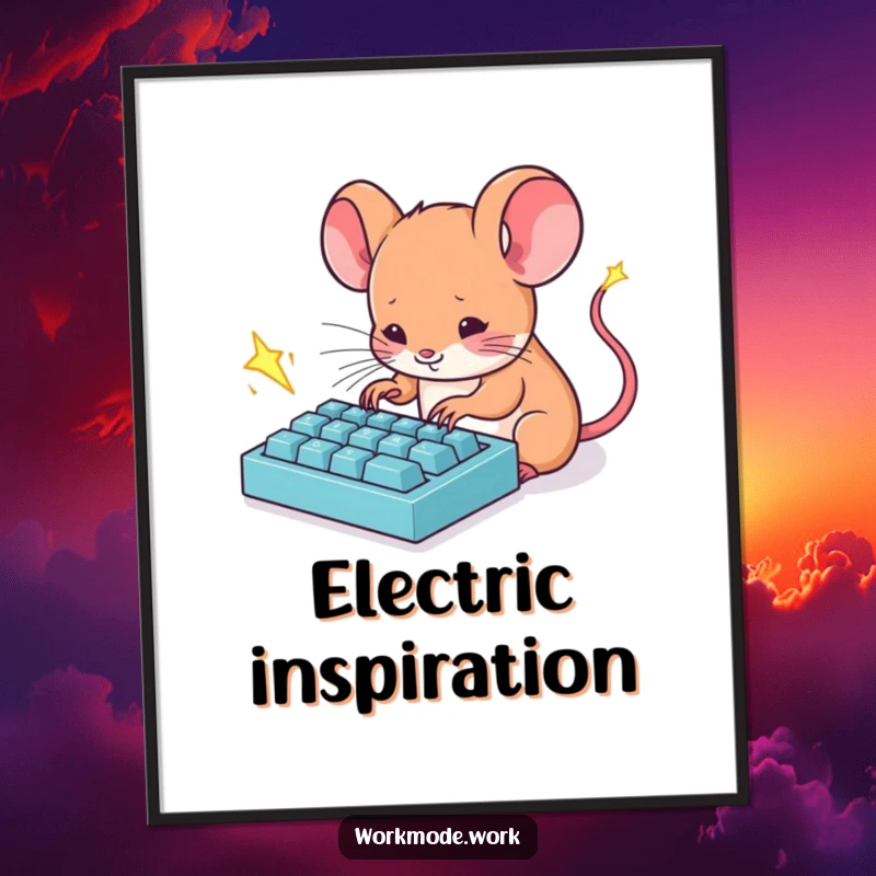 Funny Mouse Digital Art Print: A tiny mouse furiously types on a miniature keyboard with sparks flying, embodying productivity.