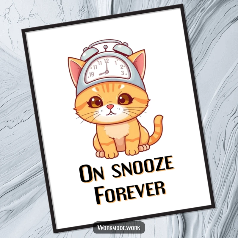 Funny orange cat wearing an alarm clock hat, looking overwhelmed but determined, available as an instant digital art download.