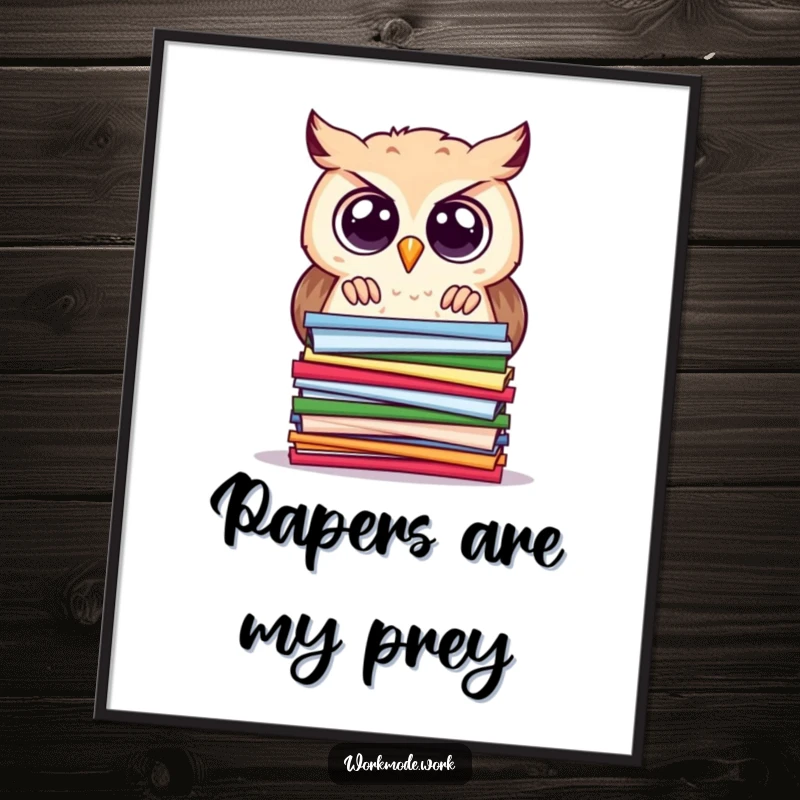 Funny owl digital art print of a curious owl with wide eyes, peering intently at a stacked pile of colorful papers, illustration.
