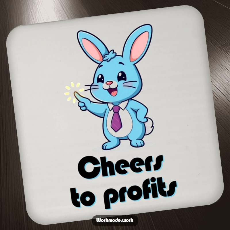 Funny blue bunny in a tie pointing at a glowing graph on a drink coaster, adding ambitious and humorous flair.