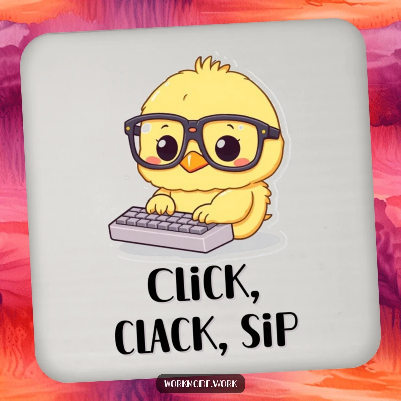Funny yellow chick in big glasses typing on a tiny keyboard on a drink coaster, adding cute and focused humor.