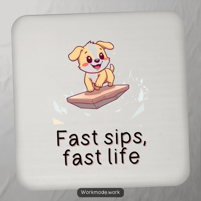 Funny puppy drink coaster with a playful dog energetically zooming across a digital landscape on a floating platform, house accessory.