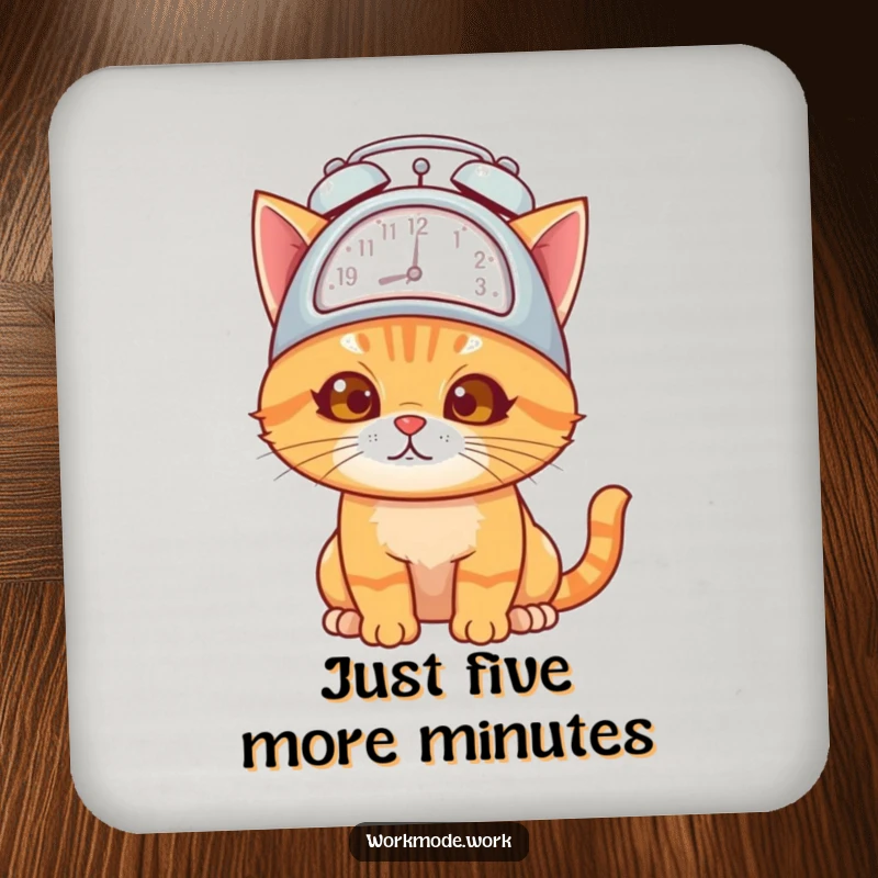Funny orange cat wearing an alarm clock hat, looking overwhelmed but determined, on protective drink coasters.