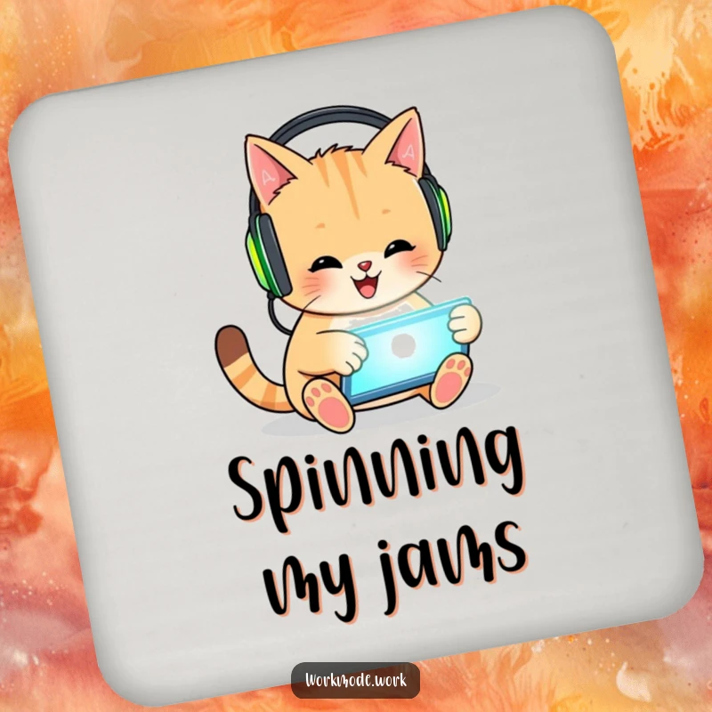Funny cat drink coaster showing a happy cat wearing headphones, enthusiastically tapping on a glowing tablet, a protective and amusing item.