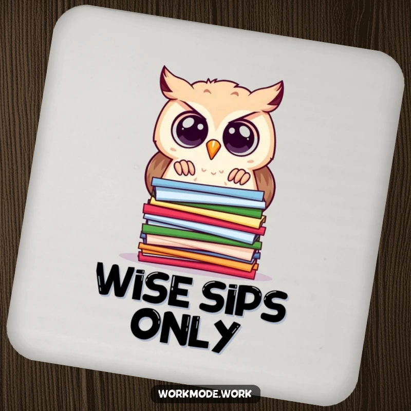 Funny owl drink coaster with a curious owl and wide eyes, peering intently at a stacked pile of colorful papers, home decor.