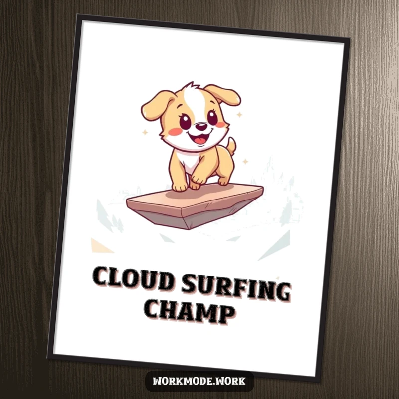 Funny puppy poster featuring a playful dog energetically zooming across a digital landscape on a floating platform, wall art.