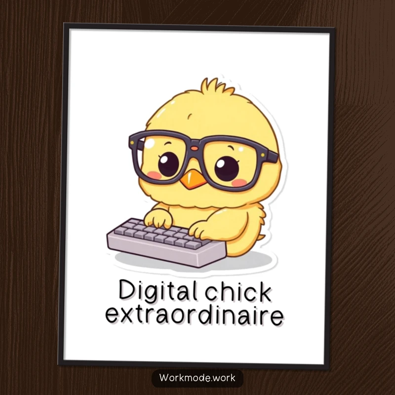 Funny fluffy yellow chick wearing oversized glasses, intensely typing on a tiny keyboard on a poster, creating an inspiring work scene.