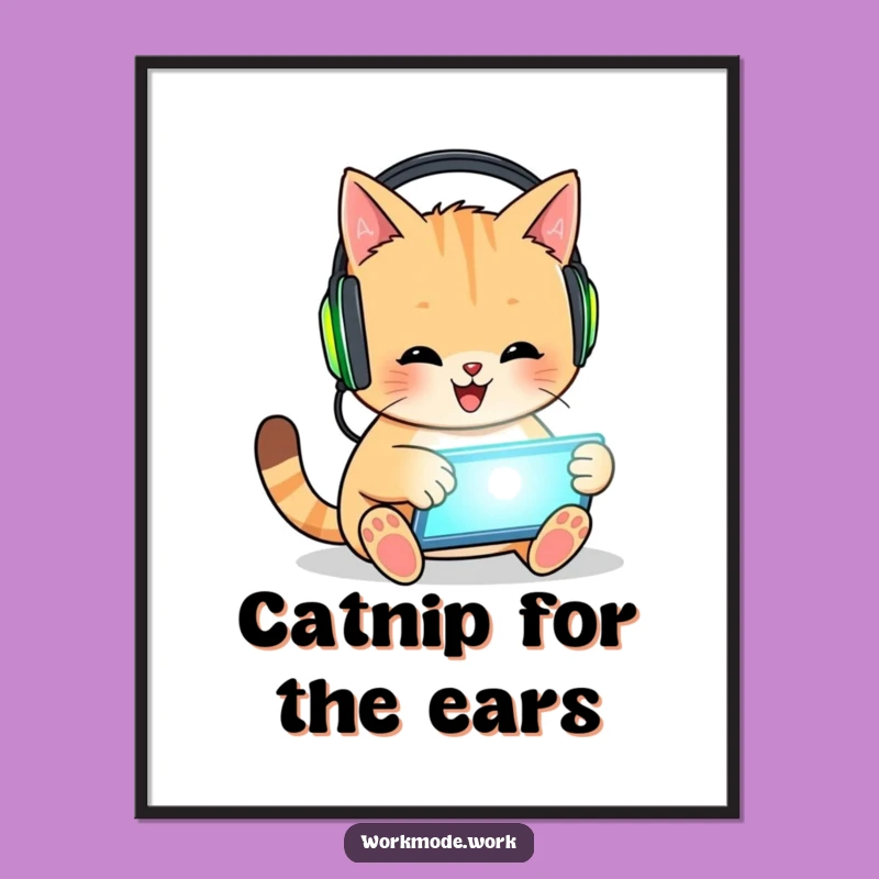 Funny Cat Poster: Enthusiastic Gamer Feline Tapping Tablet, Vibrant Funny Wall Art Gift