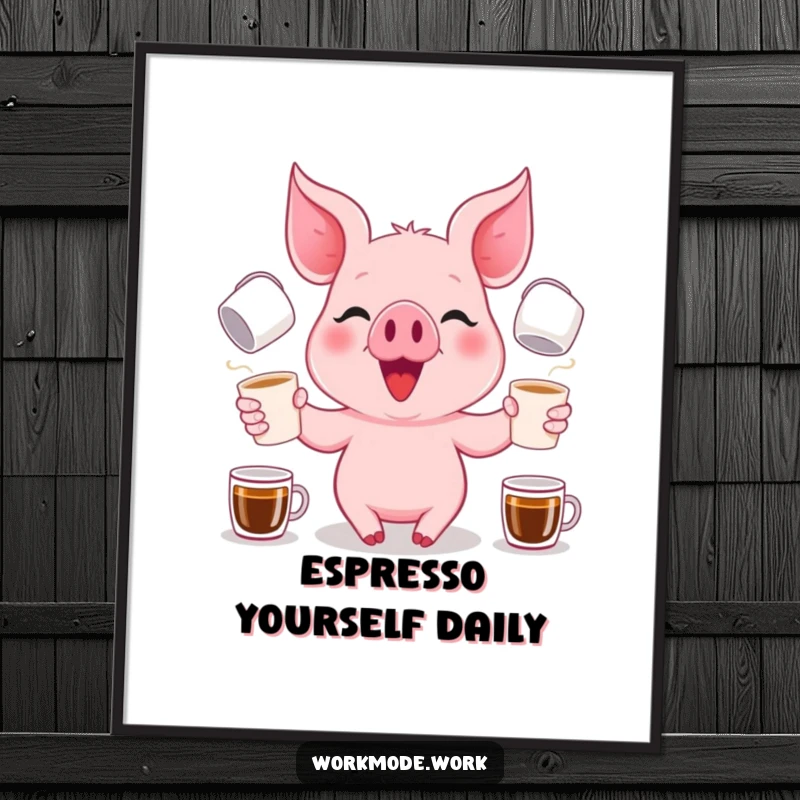 Funny pink piglet with a focused grin, juggling multiple coffee cups, presented as a vibrant wall poster.