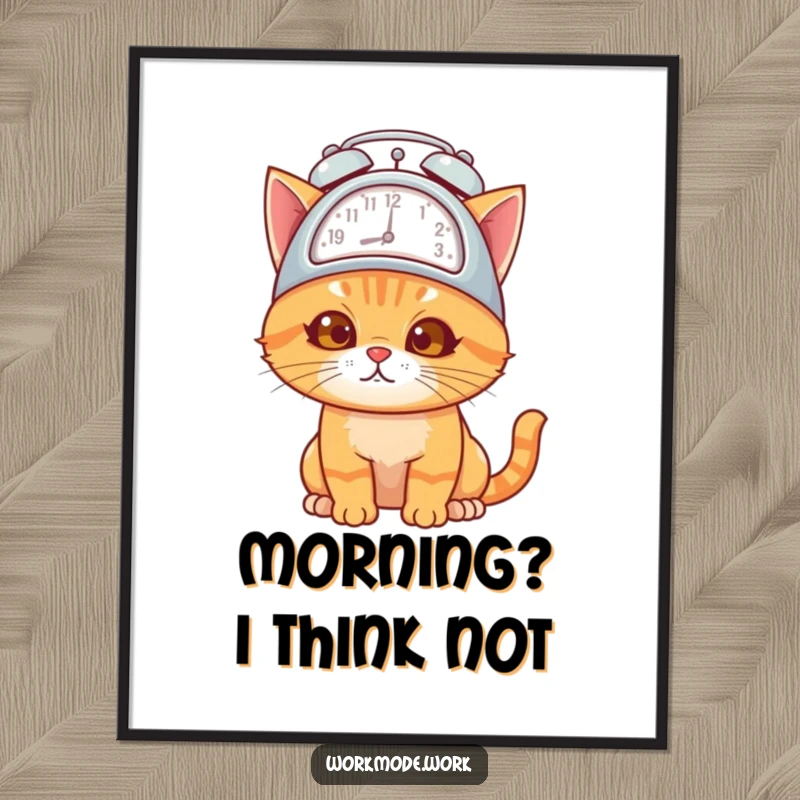 Funny orange cat wearing an alarm clock hat, looking overwhelmed but determined, as a vibrant poster print.