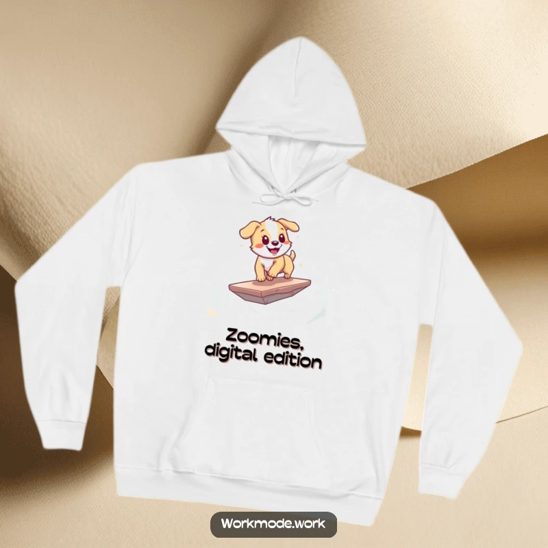 Funny puppy hoodie showing a playful dog energetically zooming across a digital landscape on a floating platform, for dog owners.