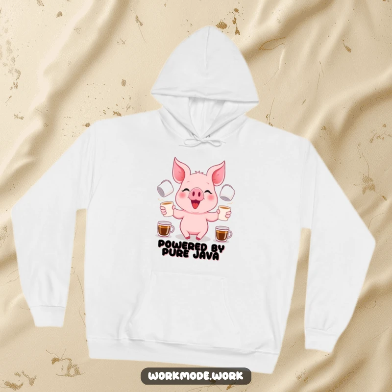 Funny pink piglet with a focused grin, energetically juggling coffee cups, featured on a soft, warm hoodie.