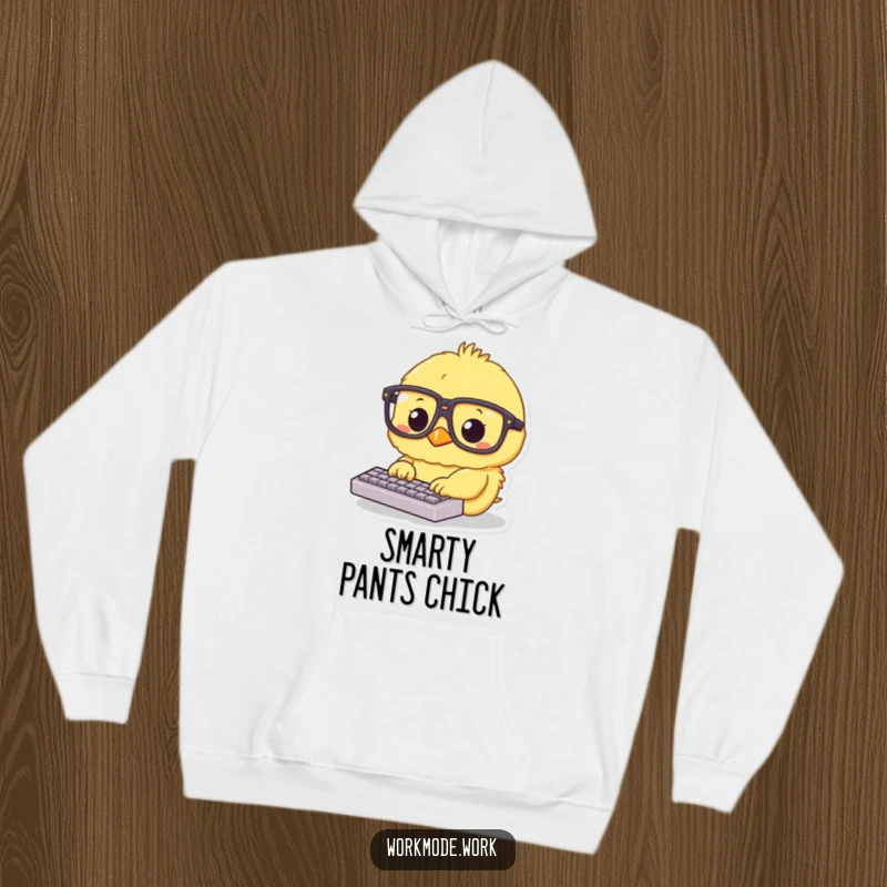 Funny fluffy yellow chick wearing oversized glasses, intensely typing on a tiny keyboard on a cozy hoodie, perfect for focused work.