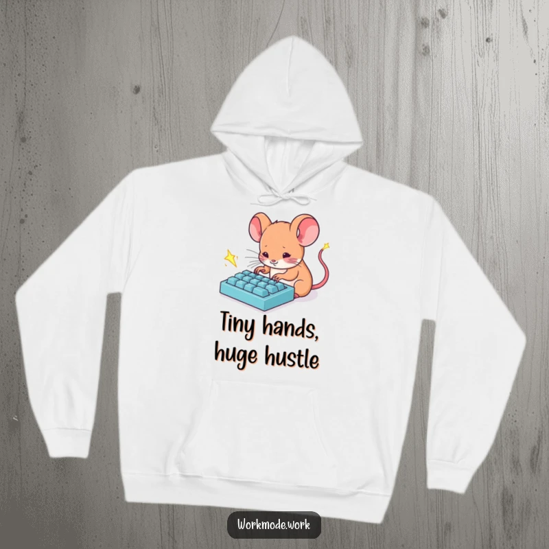 Funny Mouse Hoodie: A tiny mouse furiously types on a miniature keyboard, sparks flying, symbolizing intense focus.
