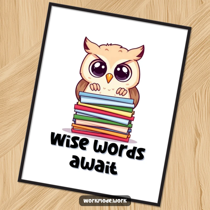 Funny Free Printable Wall Art: A curious owl with big eyes is deeply focused on a stack of colorful papers.