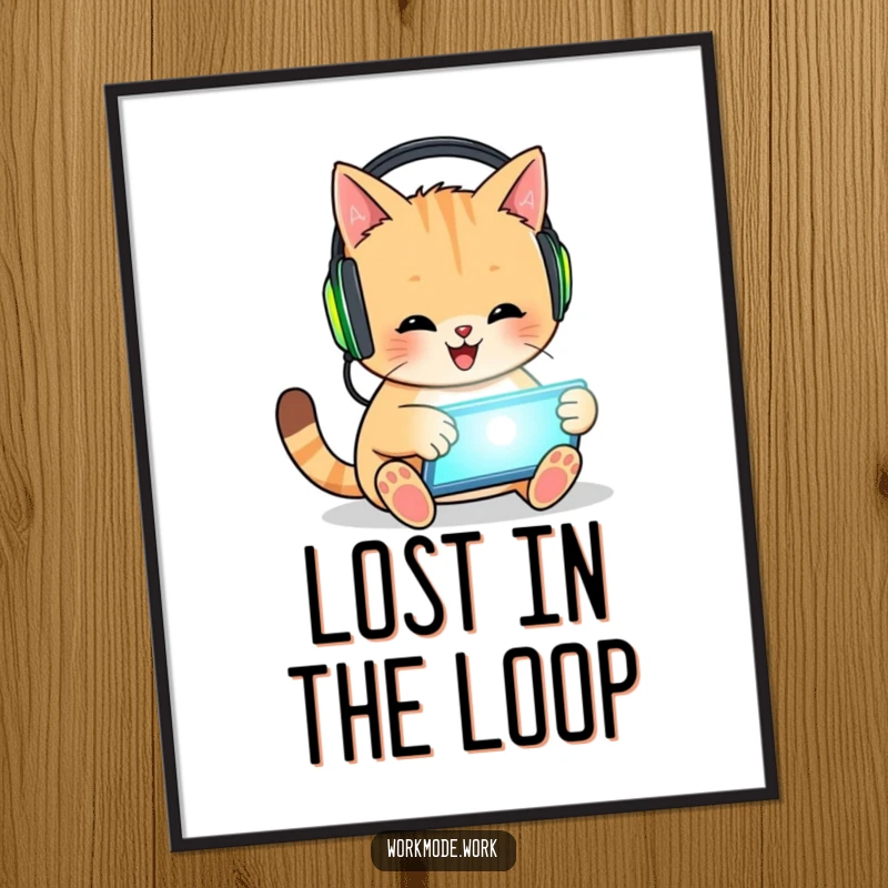 Funny Free Printable Wall Art: Cool cat wearing large headphones, engrossed in creating digital art on a tablet.