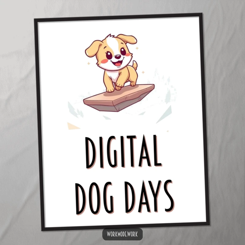 Funny Free Printable Wall Art: A playful puppy energetically zooms through a colorful digital landscape on a floating platform.