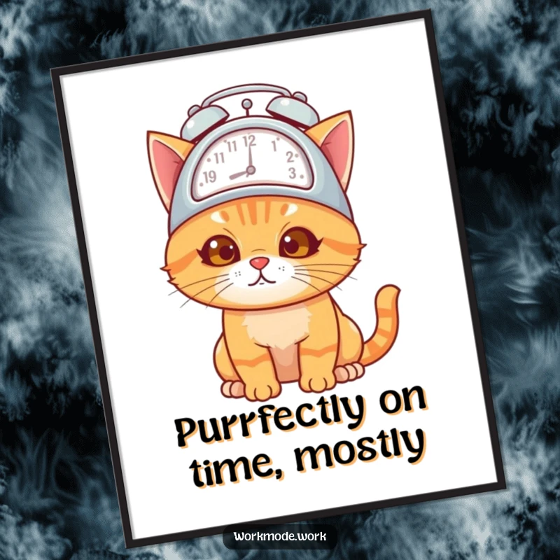 Funny Free Printable Wall Art of a curious orange cat wearing an alarm clock hat, looking overwhelmed yet determined.