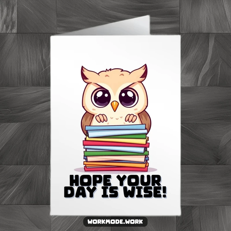 Funny Free Printable Birthday Card: Wide-eyed owl peeks curiously at a birthday cake hidden in papers.