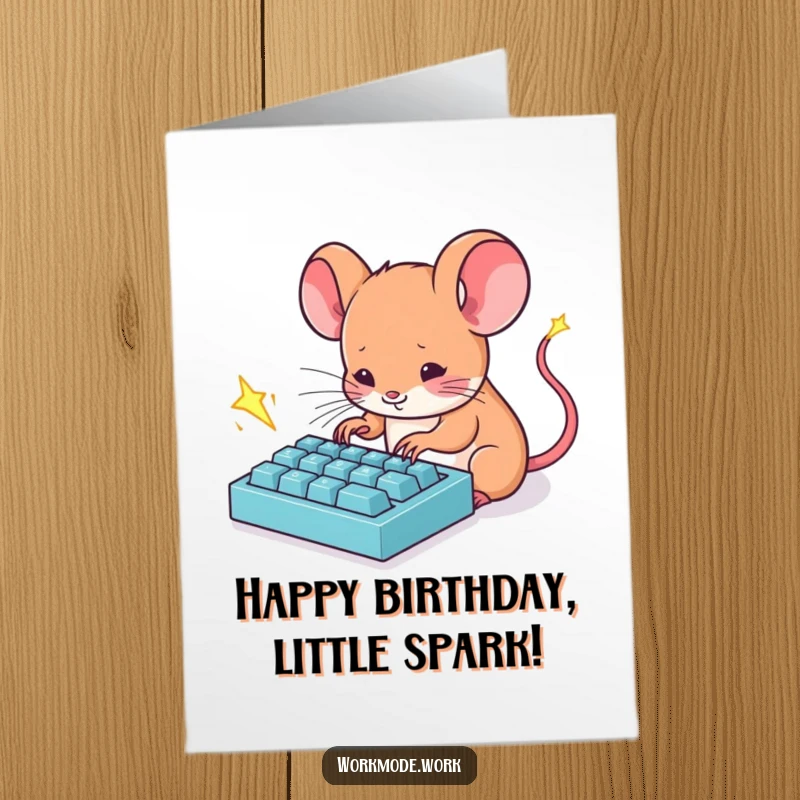 Funny Free Printable Birthday Card: Tiny mouse types furiously on a mini keyboard, sparks fly.