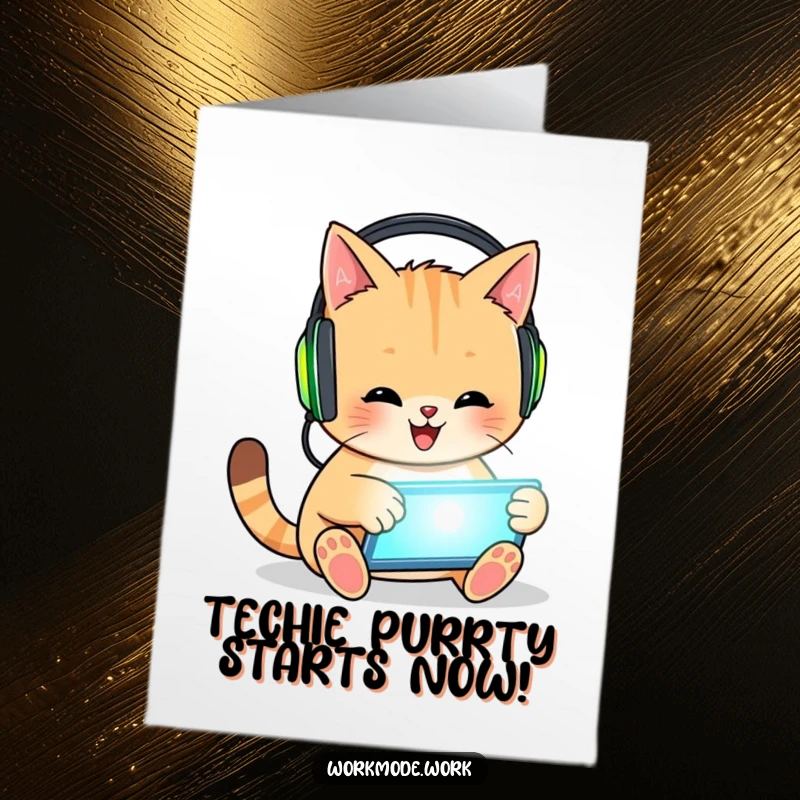 Funny Free Printable Birthday Card: Happy cat with headphones taps tablet, ready to jam and celebrate.