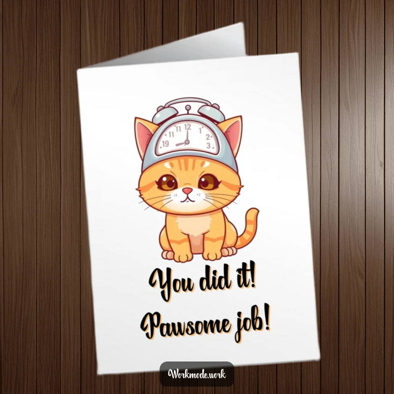 Funny Free Printable Congratulations Card showing an orange cat with an alarm clock hat, looking ready to tackle anything.