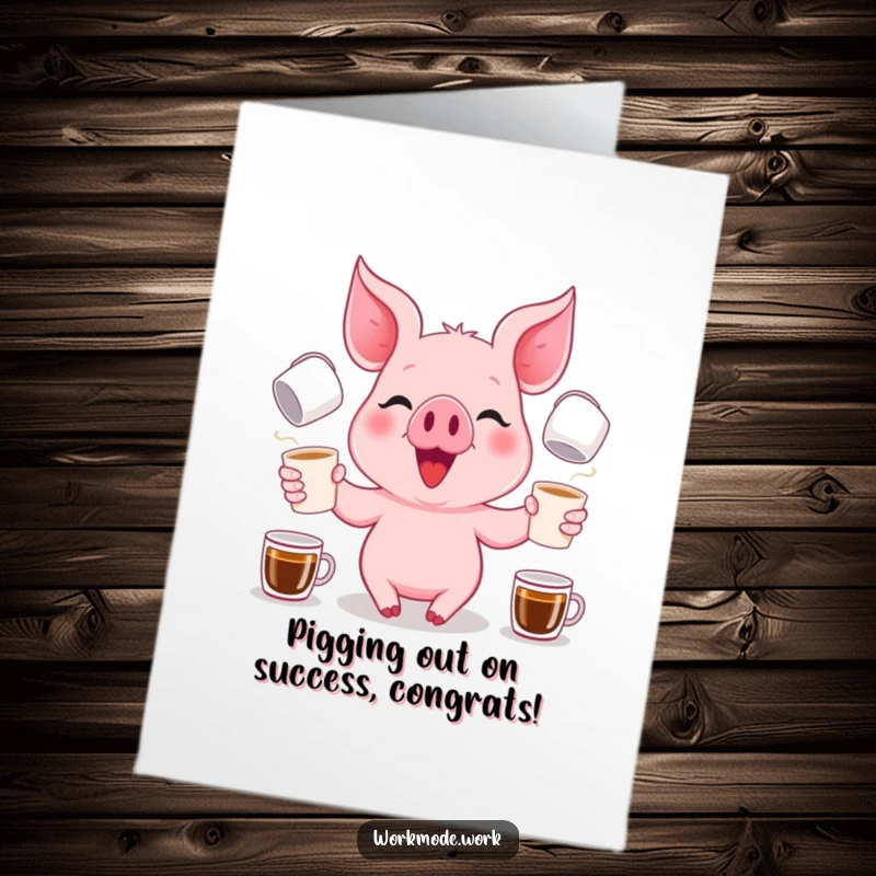 Funny Free Printable Congratulations Card showing a happy pink piglet juggling several coffee cups with a determined grin.