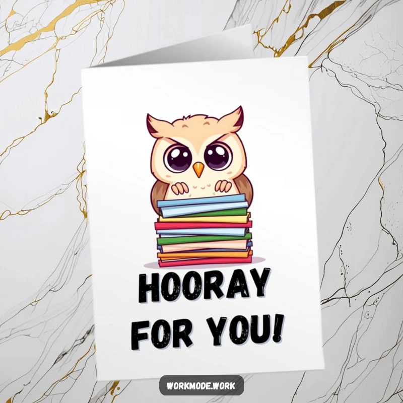 Funny Free Printable Congrats Card: Owl peers intently at a pile of papers, representing a big achievement.