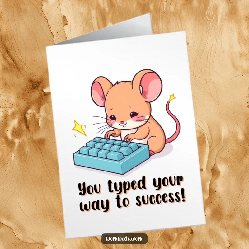Funny Free Printable Congratulations Card: Tiny mouse typing furiously, sparks flying, celebrating success.