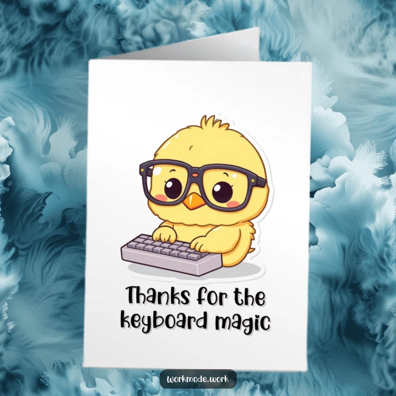 Funny Free Printable Thank You Card: A fluffy yellow chick in oversized glasses is intensely typing on a tiny keyboard, conveying thanks.
