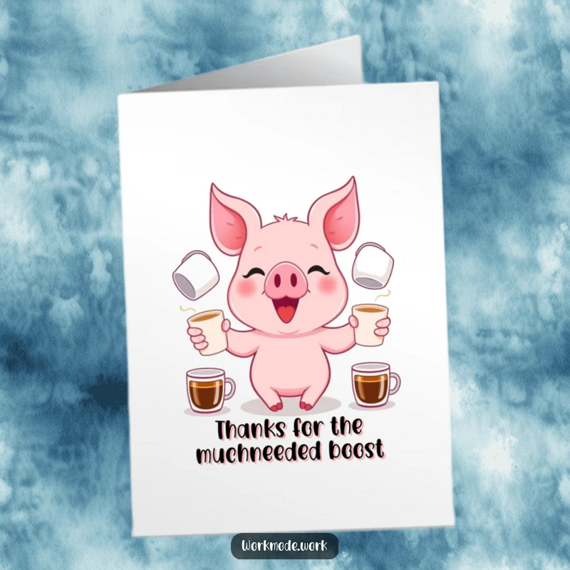 Funny Free Printable Thank You Card featuring a pink piglet juggling many coffee cups with a focused, happy grin.