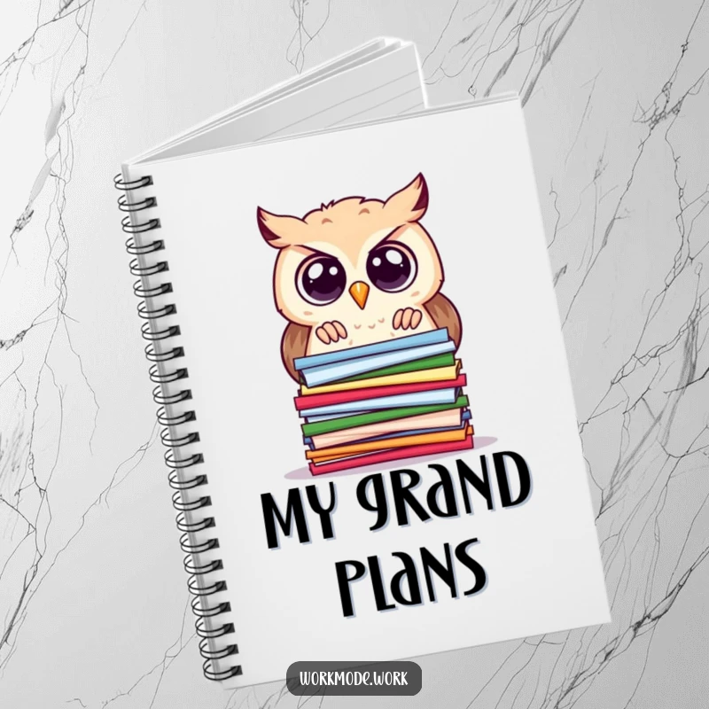 Funny owl notebook with a curious owl and wide eyes, peering intently at a stacked pile of colorful papers, for writing.