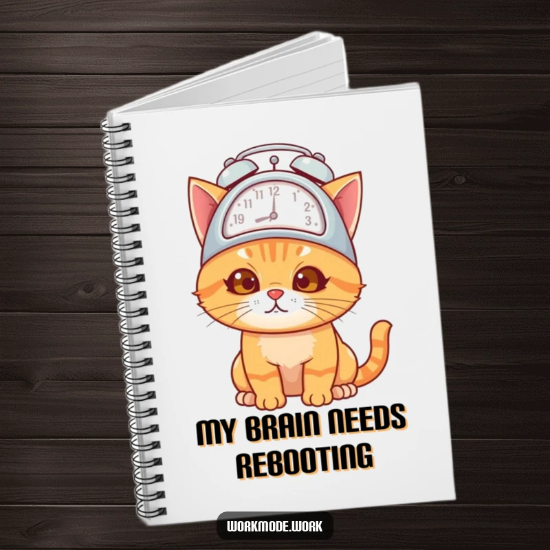 Funny orange cat wearing an alarm clock hat, looking overwhelmed but determined, on the cover of a notebook.
