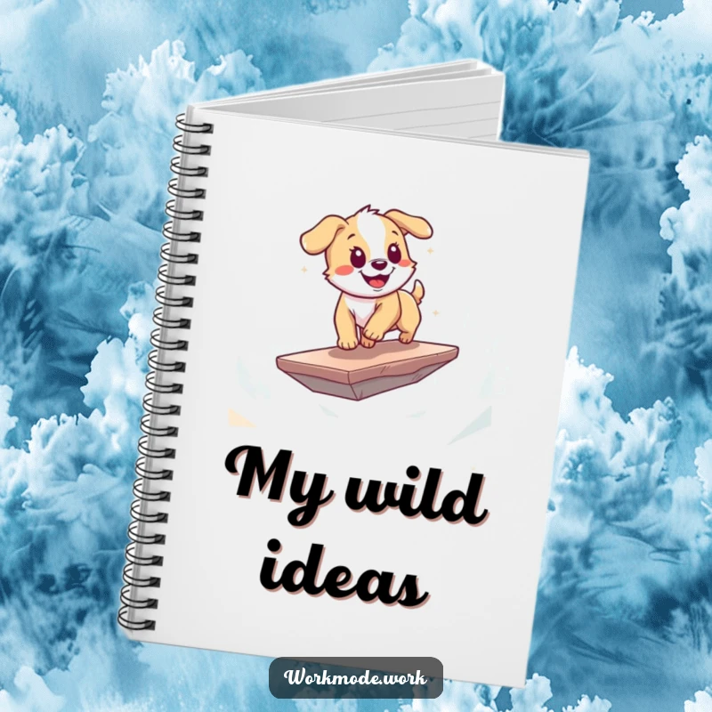 Funny puppy notebook with a playful dog energetically zooming across a digital landscape on a floating platform, for writing.