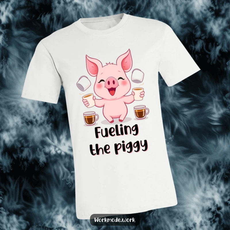 Funny happy pink piglet with a focused grin, juggling numerous coffee cups, printed on a vibrant t-shirt.