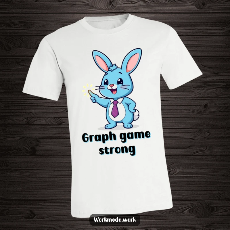 Funny blue bunny wearing a tie, pointing excitedly at an upward-trending glowing graph on a t-shirt, representing business success.