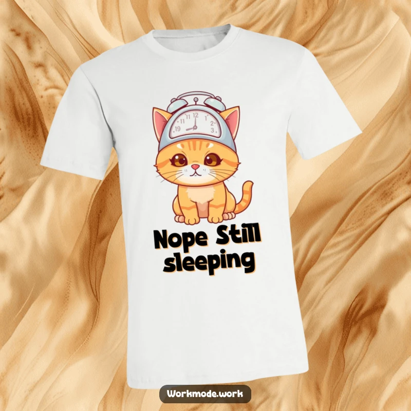 Funny orange cat with an alarm clock hat, looking determined and overwhelmed, printed on a comfortable t-shirt.