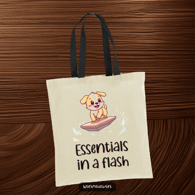 Funny puppy tote bag with a playful dog energetically zooming across a digital landscape on a floating platform, a fun accessory.